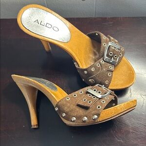 Aldo Brown Peep-Toe Heels with Silver Accents 4 35